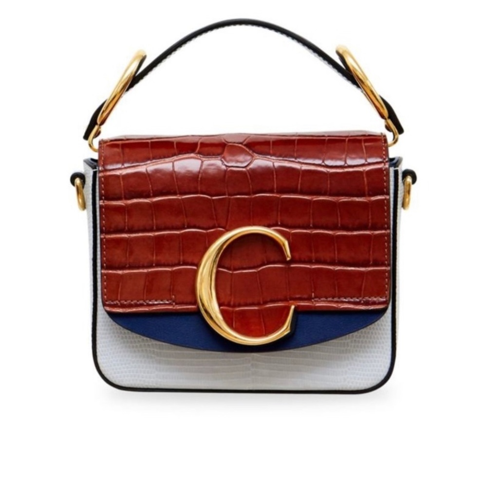Chloé Tricolor Croc-Effect C Mini Crossbody - Brown, Blue, White, Gold